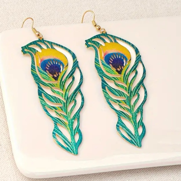 Polychrome Peacock Feather Fish Hook Earrings, Almost 4” Long - Picture 7 of 7